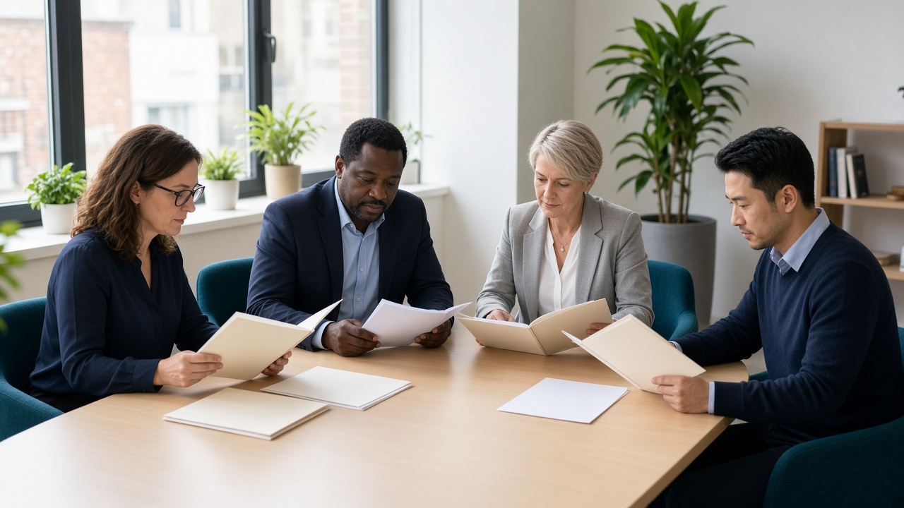 Four colleagues reviewing case folders around a meeting table